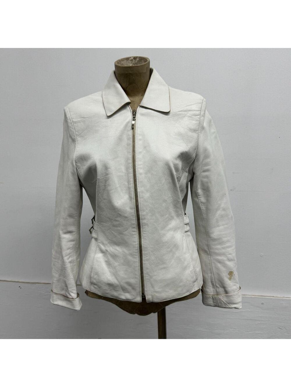 Vintage 90s D'Pele White Genuine Leather Double-Buckle Biker Jacket